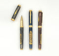 Balaji brass ball pen set of 3 in grey, blue, and brown finishes, three angle view