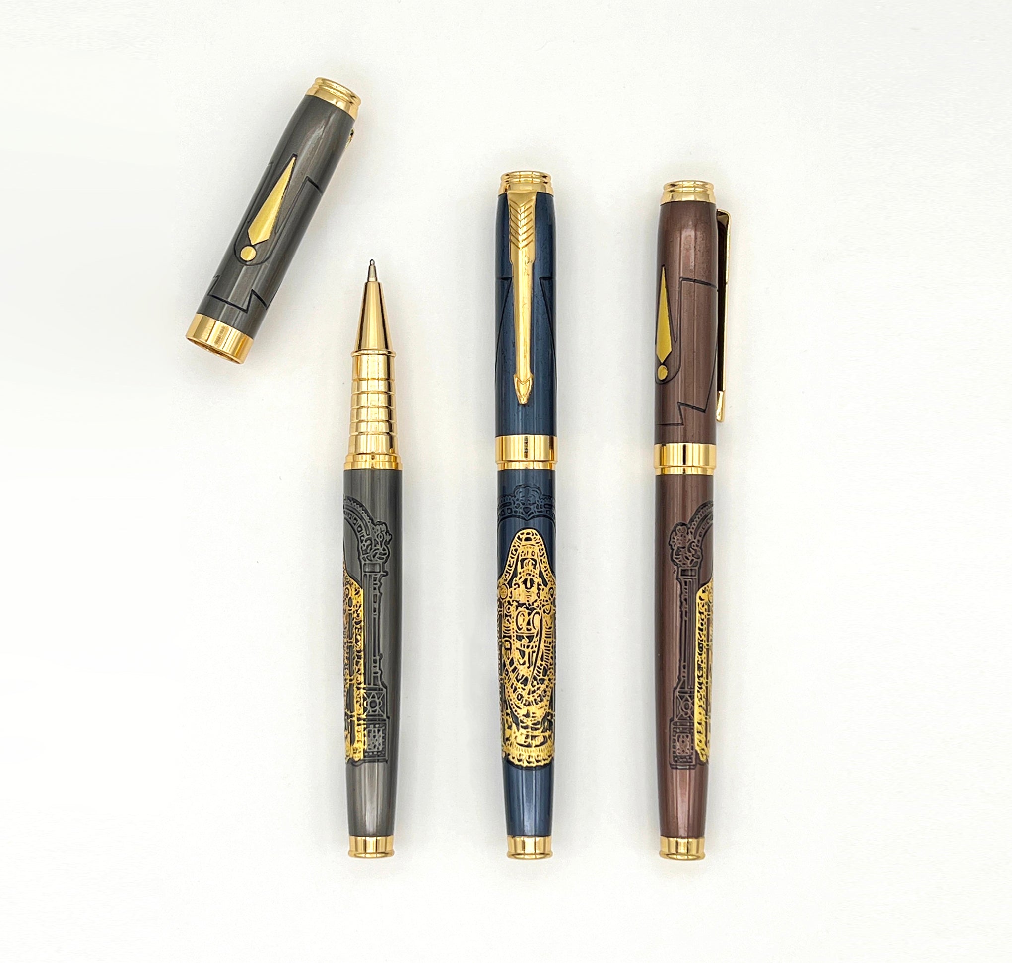 Balaji brass ball pen set of 3 in grey, blue, and brown finishes, three angle view