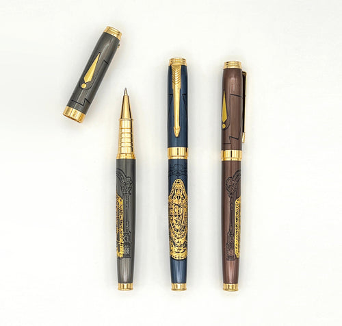Balaji brass ball pen set of 3 in grey, blue, and brown finishes, three angle view